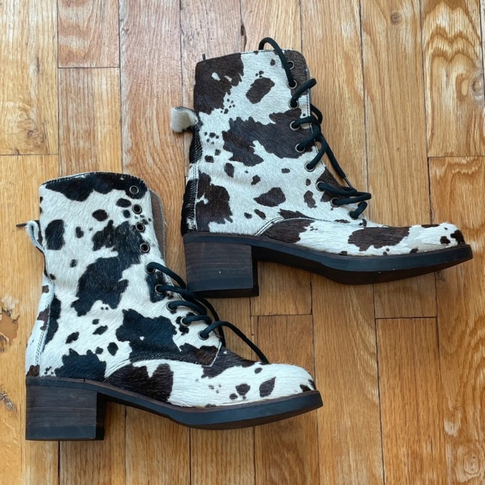 Cow Print Heeled Lace-Up Boots